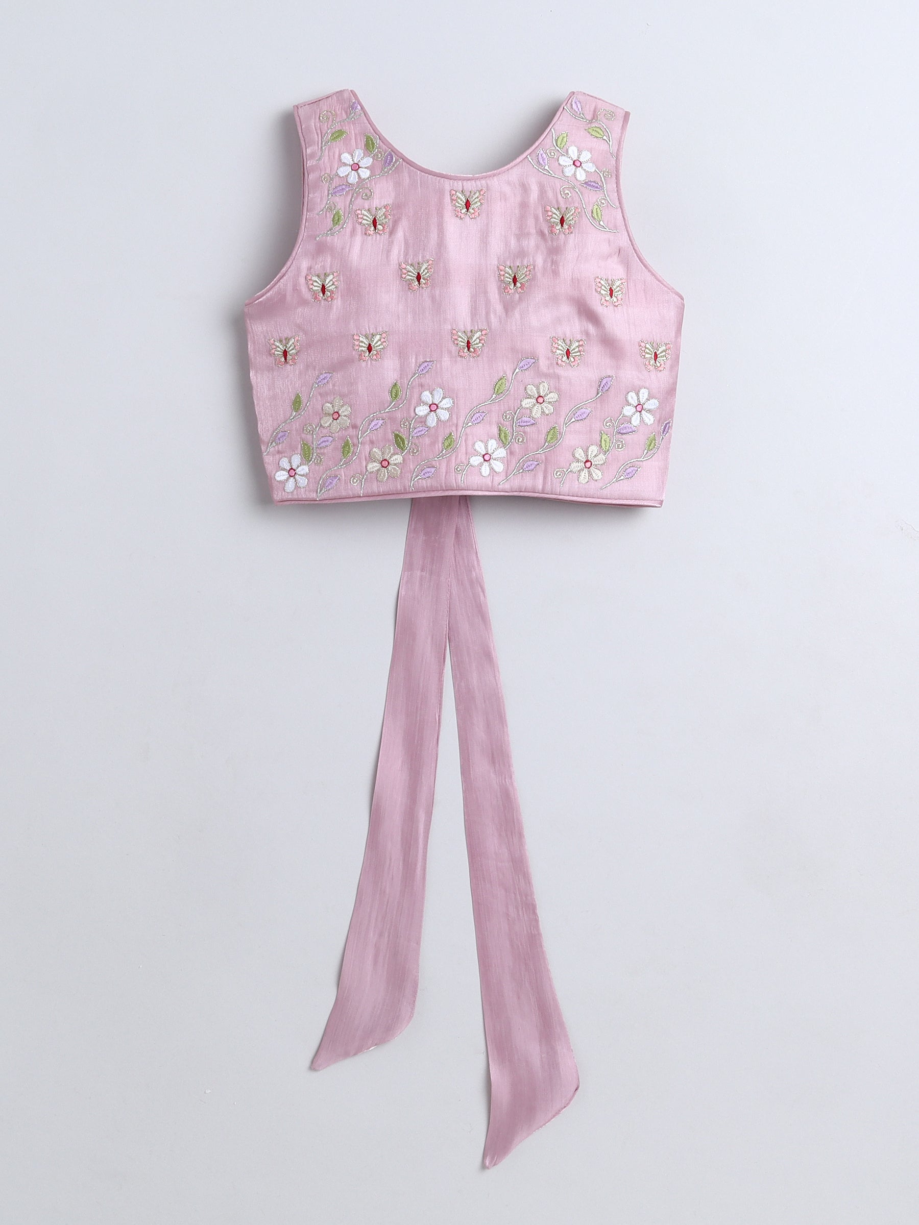 Pink embroidered crop top with a long tie on a light gray background