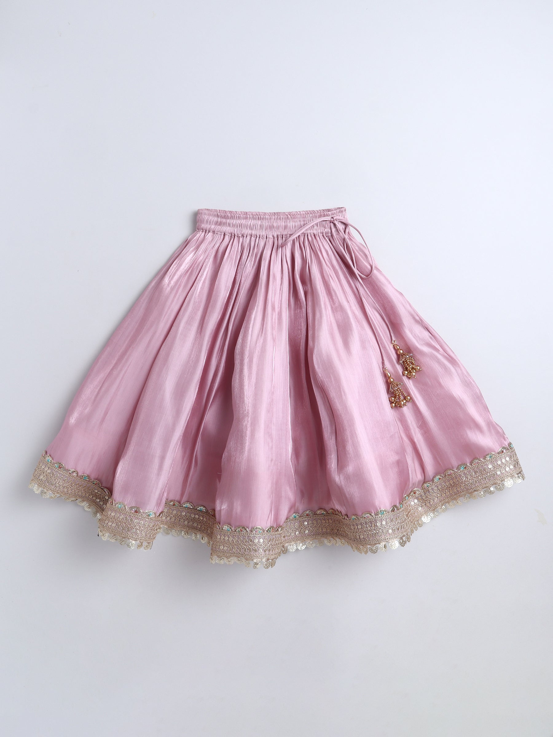 Pink skirt with gold lace trim on a white background