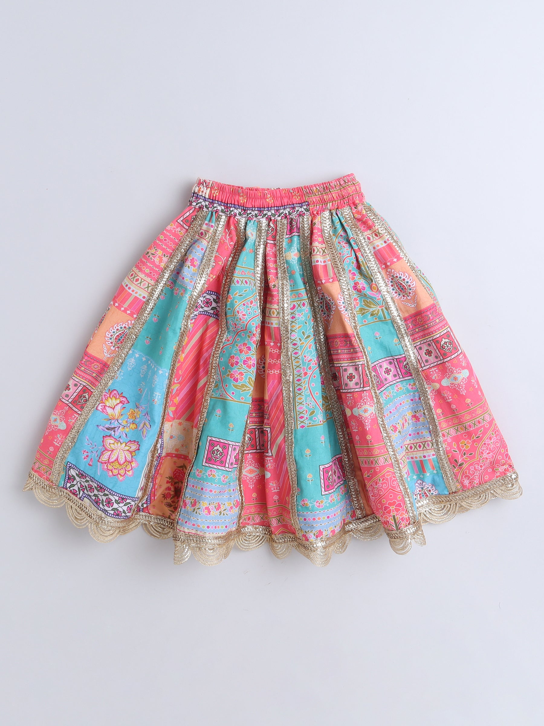 Colorful Baby Lehenga Choli Skirt with Intricate Patterns and Gold Trim for Toddler Fashion