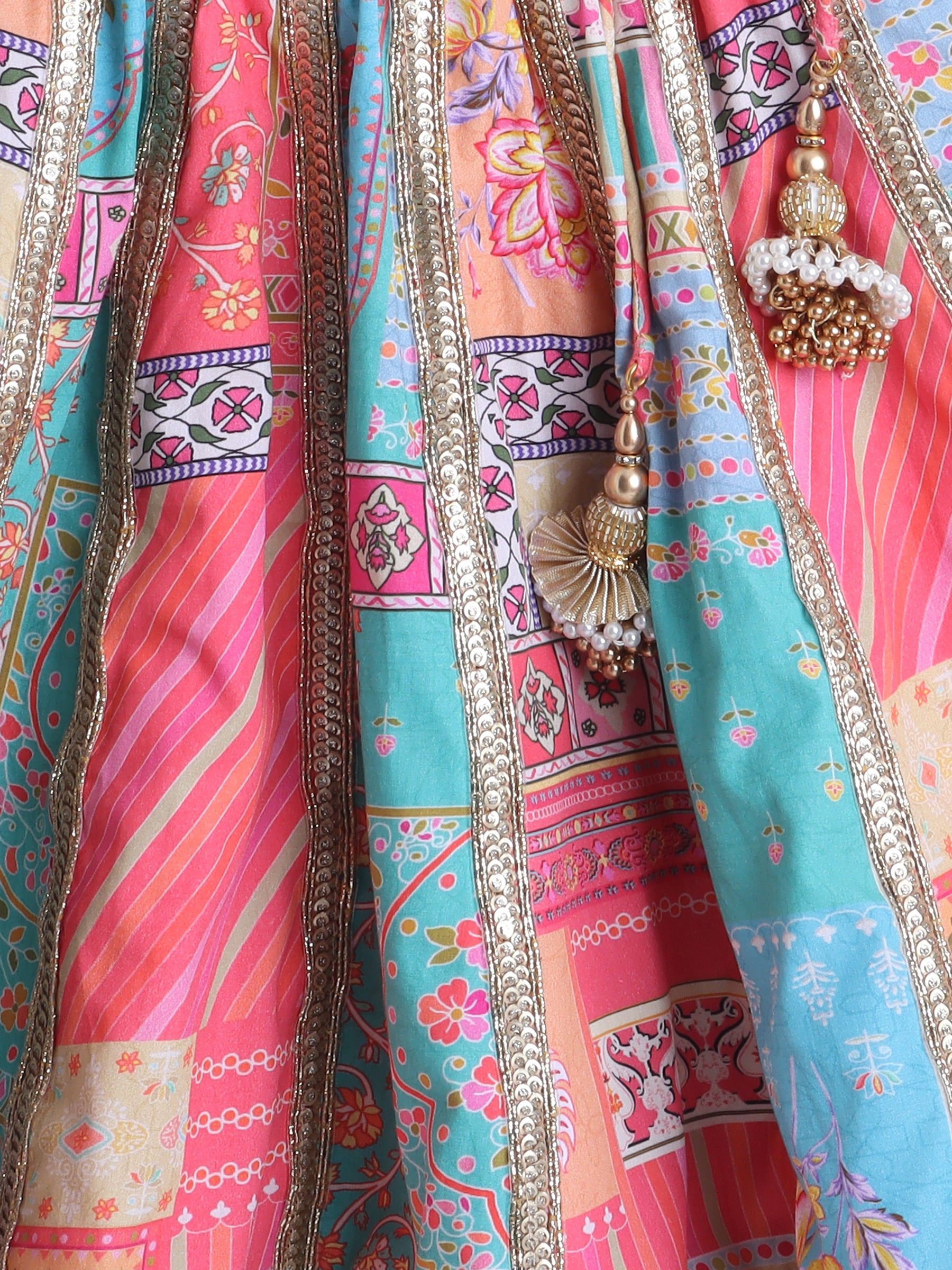 Colorful Lehenga Choli with Intricate Patterns and Golden Trim for Baby and Toddler Girls