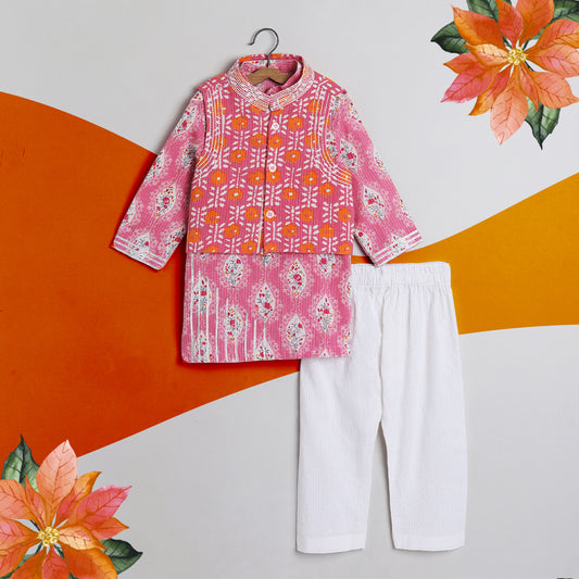 Thread Detailing Floral Printed Jacket With Pink Kurta And Pajama - funlittleones.com