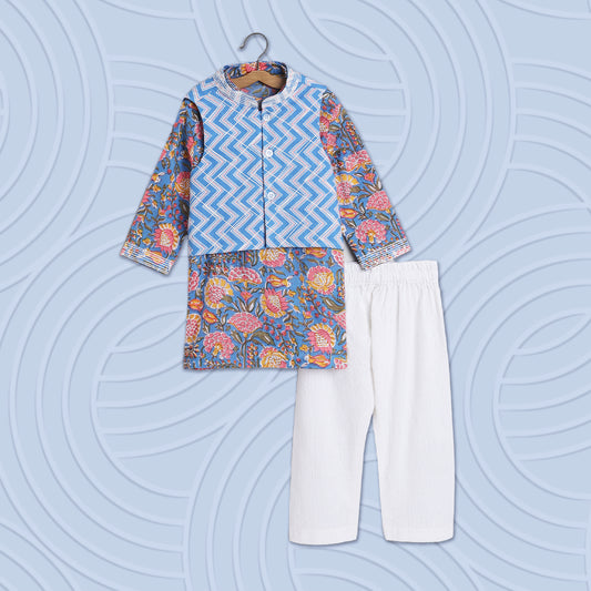 Boys Blue Jacket Kurta Set - funlittleones.com