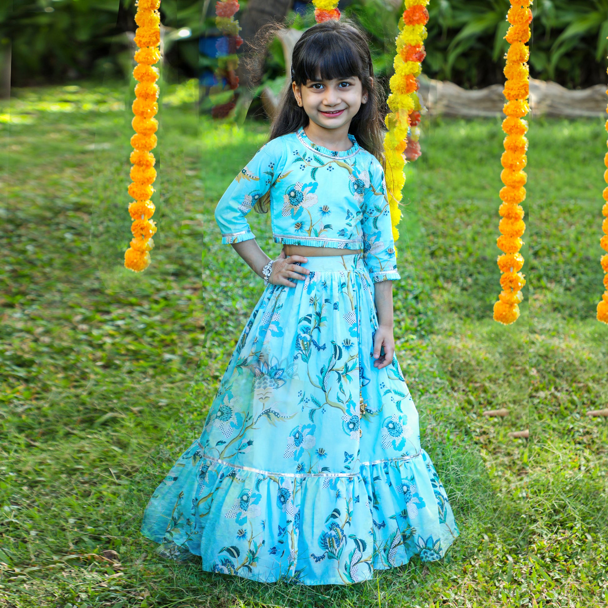 Floral Printed And Pleated Frills Top With Lehenga - funlittleones.com