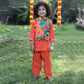 Boys Indian Pintex Orange Kurta With Hibiscus Printed Sleeveless Jacket And Pyjama - funlittleones.com