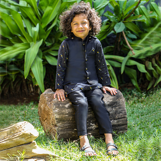 Boys Black Printed Kurta Jacket And Pyjama Set - funlittleones.com