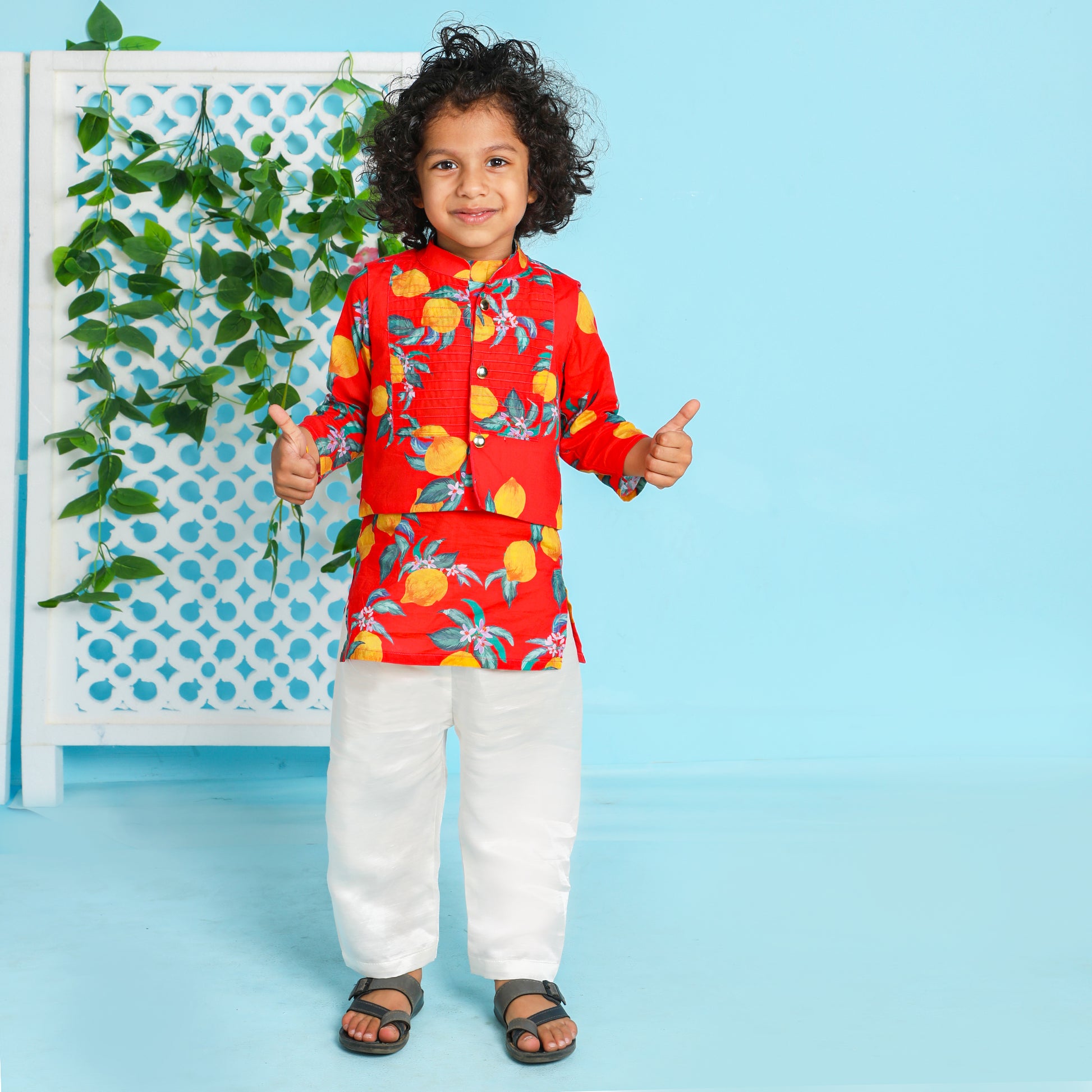 Boys Red Lemon Printed Kurta Jacket and Pyjama - funlittleones.com