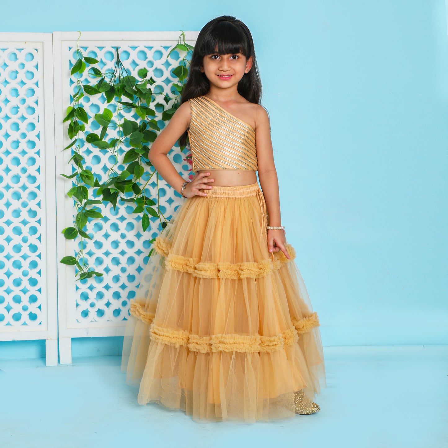 Girls Embroidered Beige One Shoulder Top And Ruffle Lehenga - funlittleones.com