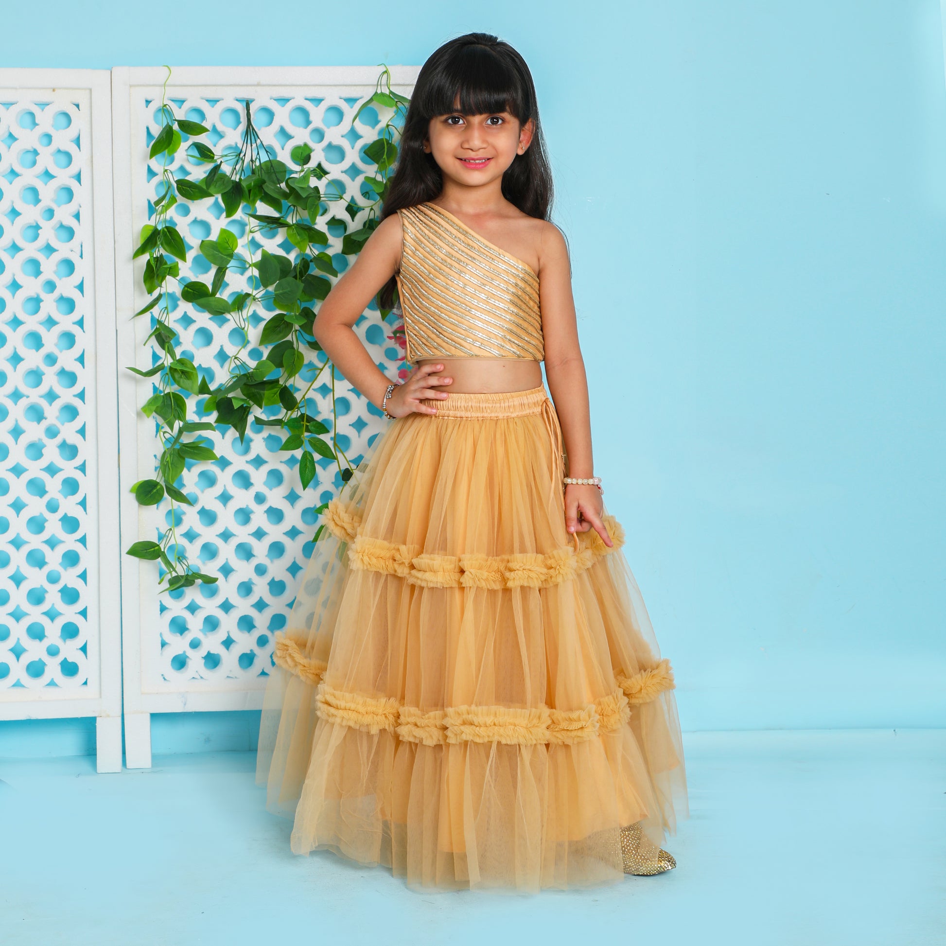 Girls Embroidered Beige One Shoulder Top And Ruffle Lehenga - funlittleones.com