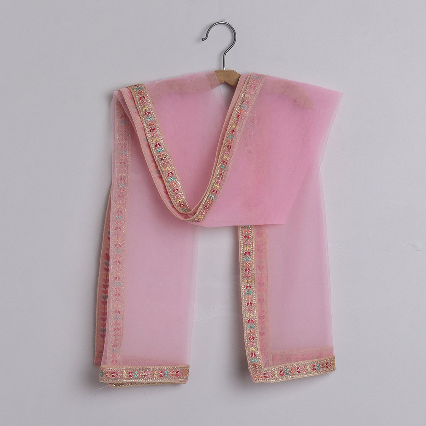 Gorgeous Baby Pink pleated Top And Exquisite Floral Leather Embroidered Lehenga With Matching Lace Dupatta - funlittleones.com