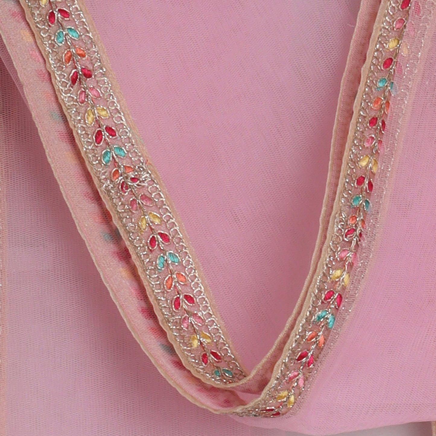 Gorgeous Baby Pink pleated Top And Exquisite Floral Leather Embroidered Lehenga With Matching Lace Dupatta - funlittleones.com