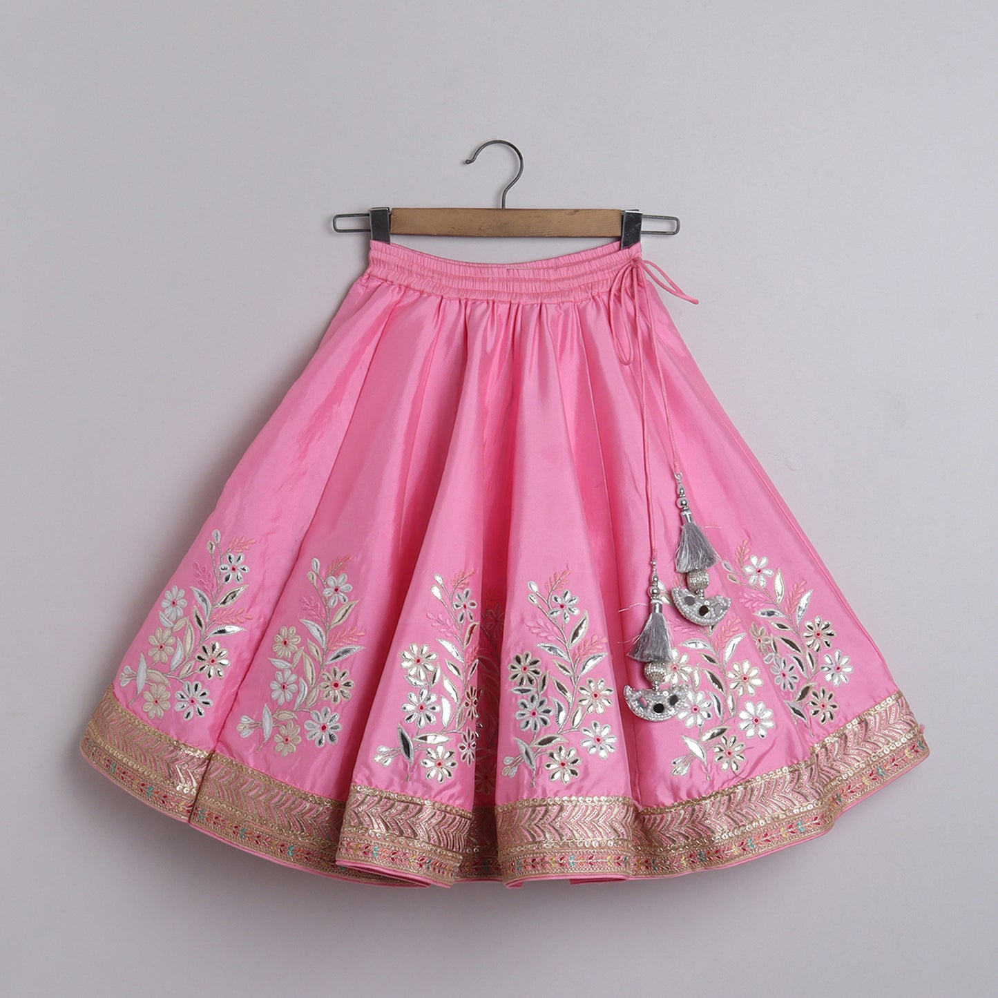 Gorgeous Baby Pink pleated Top And Exquisite Floral Leather Embroidered Lehenga With Matching Lace Dupatta - funlittleones.com