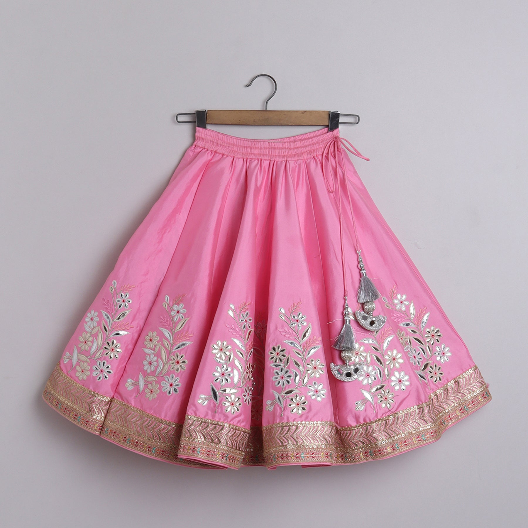 Gorgeous Baby Pink pleated Top And Exquisite Floral Leather Embroidered Lehenga With Matching Lace Dupatta - funlittleones.com