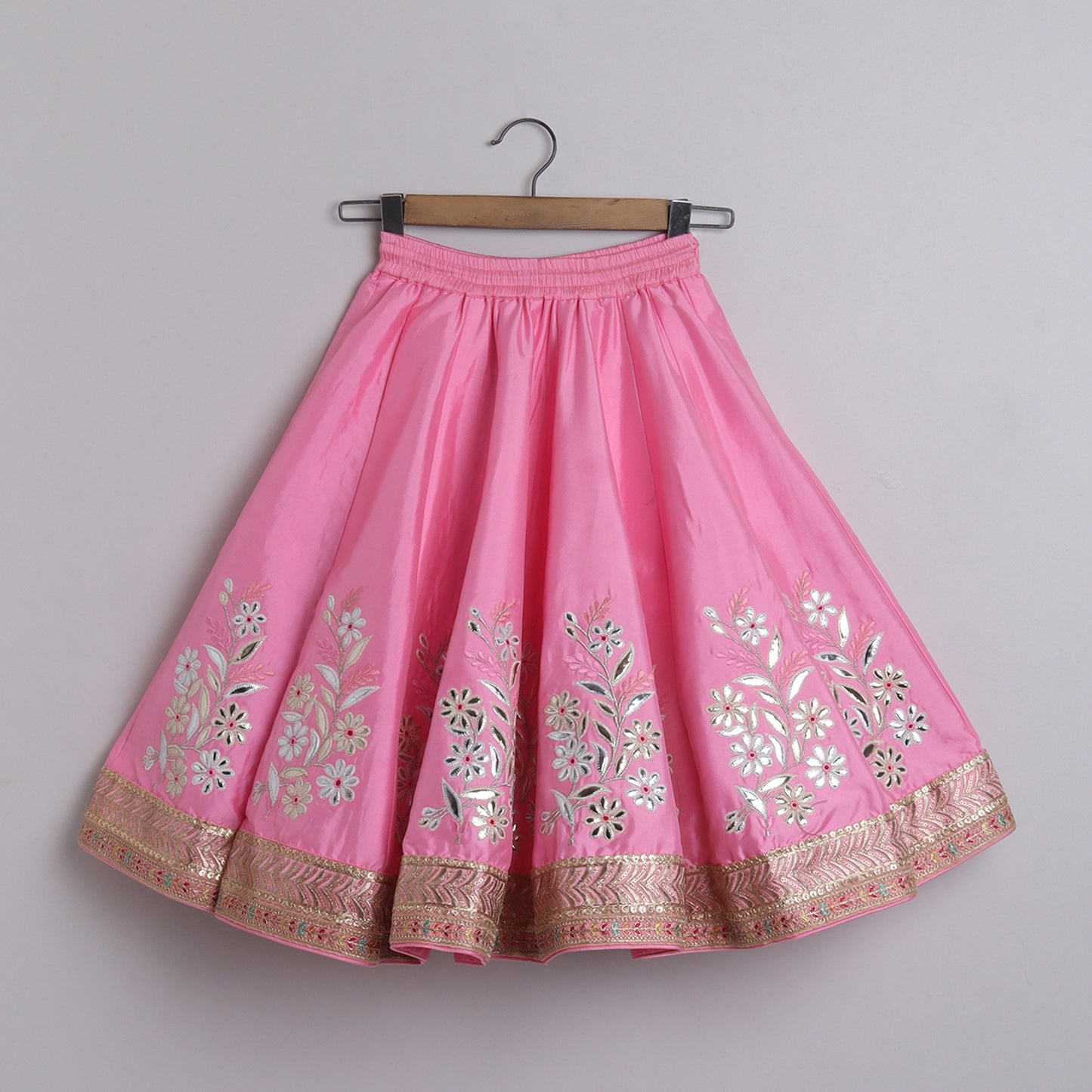 Gorgeous Baby Pink pleated Top And Exquisite Floral Leather Embroidered Lehenga With Matching Lace Dupatta - funlittleones.com