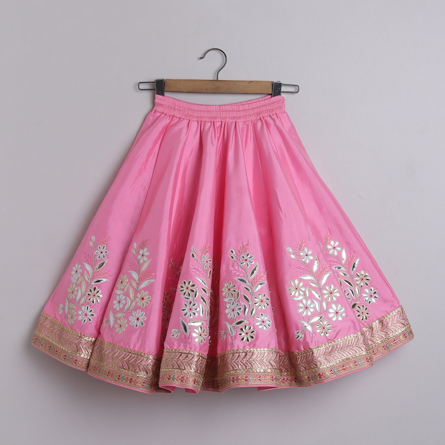 Gorgeous Baby Pink pleated Top And Exquisite Floral Leather Embroidered Lehenga With Matching Lace Dupatta - funlittleones.com