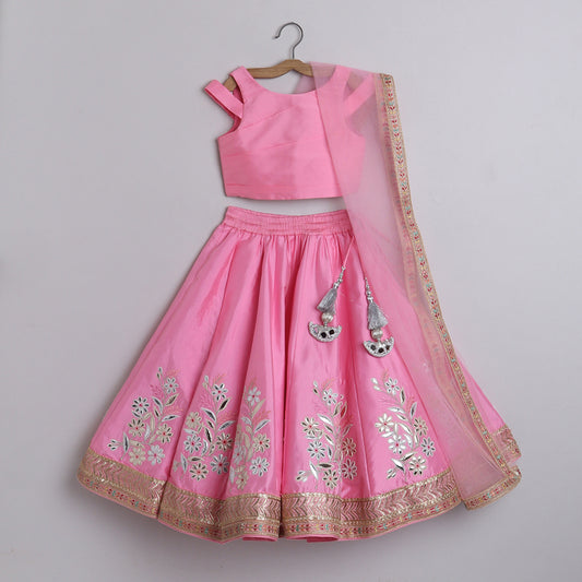 Gorgeous Baby Pink pleated Top And Exquisite Floral Leather Embroidered Lehenga With Matching Lace Dupatta - funlittleones.com
