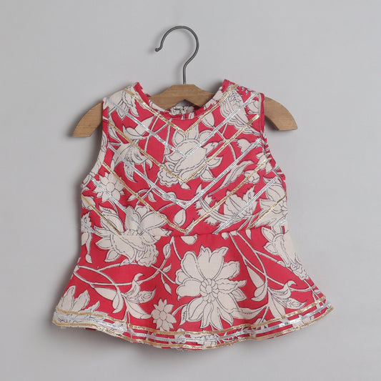 Floral Printed Gota Lace Detailed Peplum Top With Dhoti - funlittleones.com