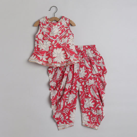 Floral Printed Gota Lace Detailed Peplum Top With Dhoti - funlittleones.com