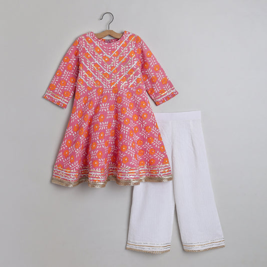Thread And Gota Lace Detailed Floral Printed Kurti And Palazzo - funlittleones.com