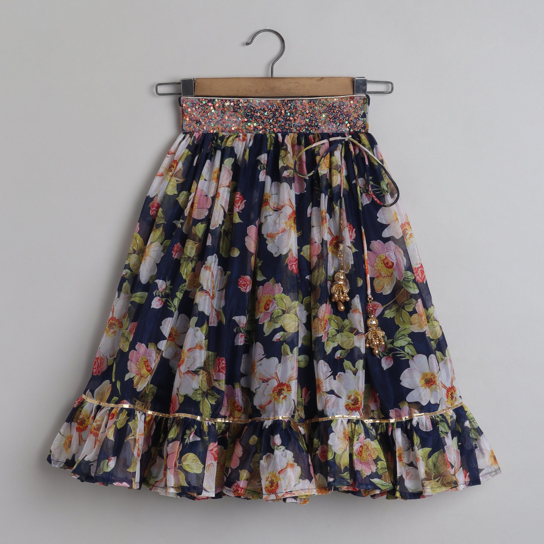 Blooming Flowers Navy Blue Organza Top And Sequins Embellished Lehenga - funlittleones.com