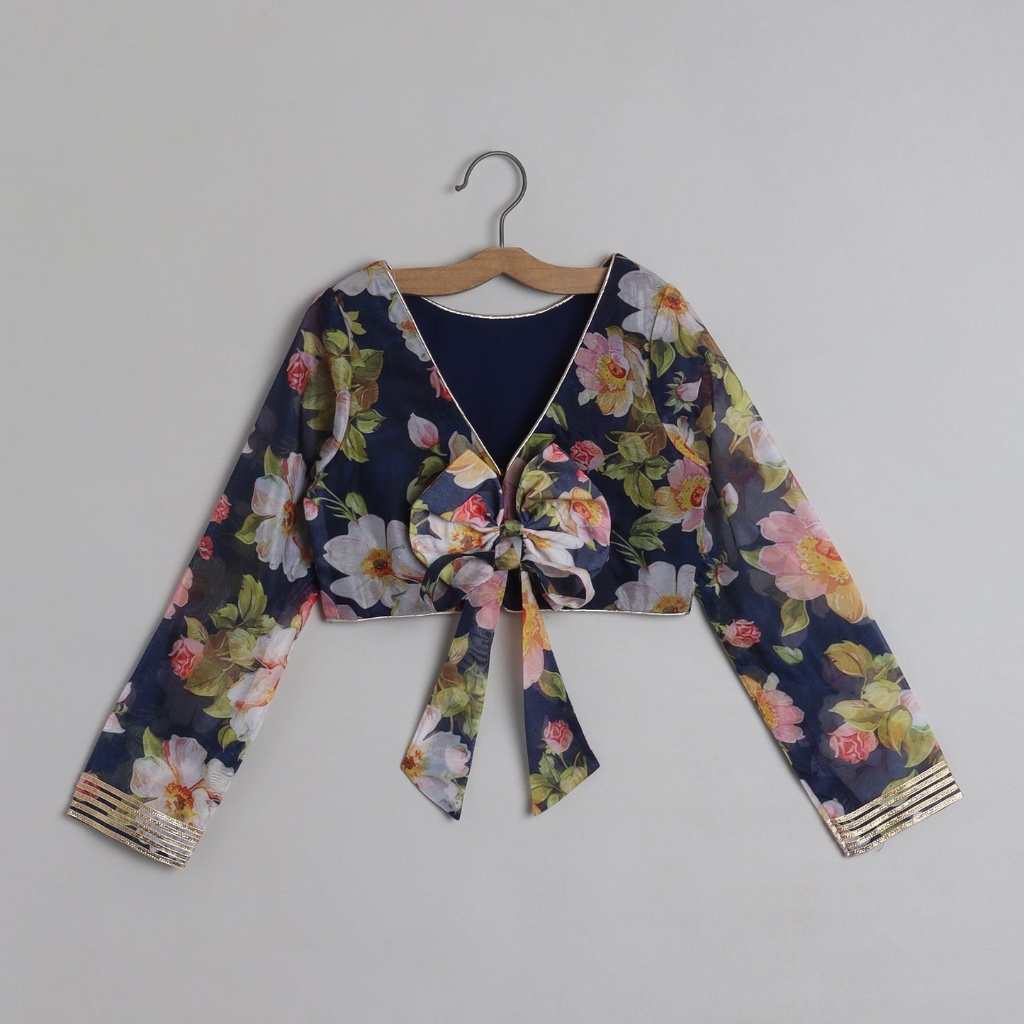 Blooming Flowers Navy Blue Organza Top And Sequins Embellished Lehenga - funlittleones.com