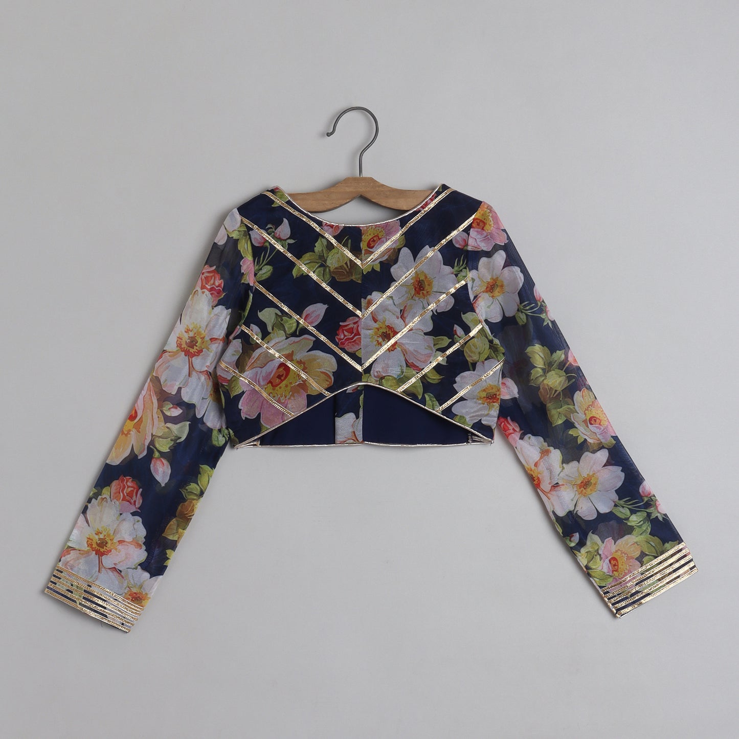 Blooming Flowers Navy Blue Organza Top And Sequins Embellished Lehenga - funlittleones.com