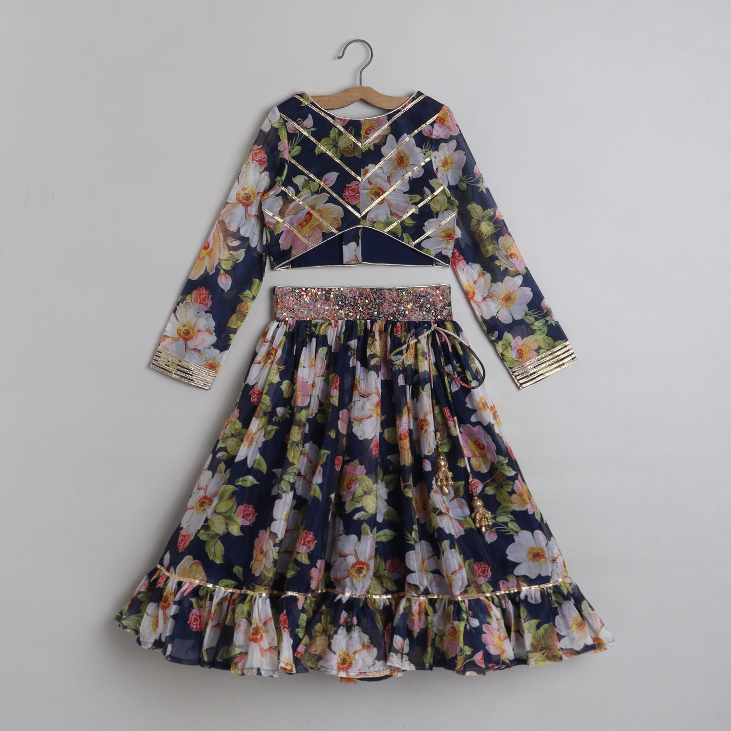 Blooming Flowers Navy Blue Organza Top And Sequins Embellished Lehenga - funlittleones.com