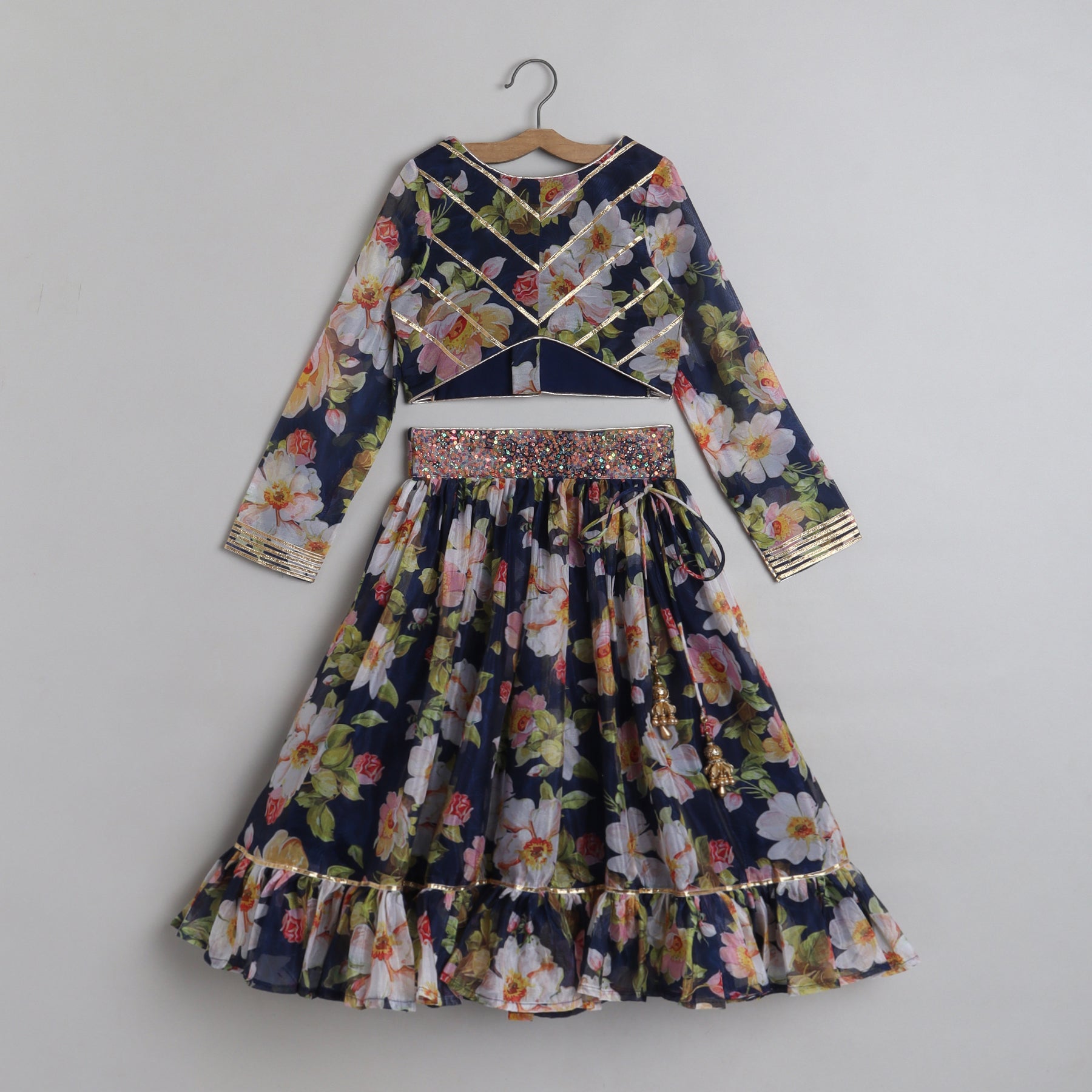 Blooming Flowers Navy Blue Organza Top And Sequins Embellished Lehenga - funlittleones.com