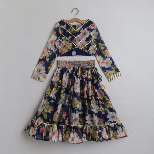 Blooming Flowers Navy Blue Organza Top And Sequins Embellished Lehenga - funlittleones.com