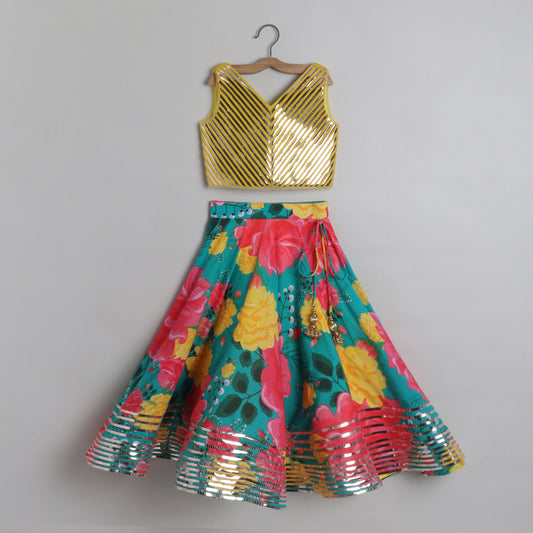 Holographic Lace Detailed Top And Multicolor Printed Lehenga - funlittleones.com
