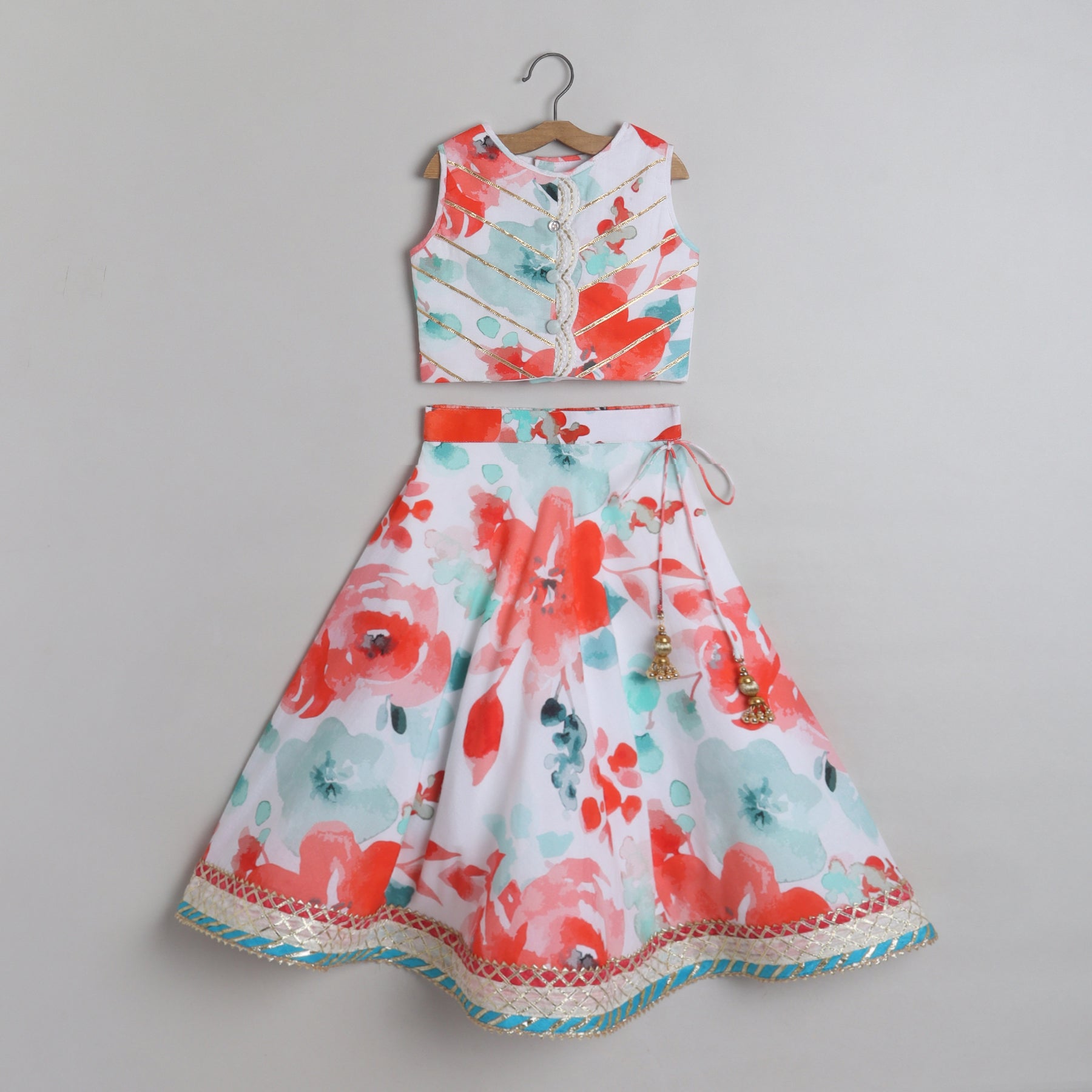 White Thread Detailed Gota Lace Work Top And Lehenga - funlittleones.com