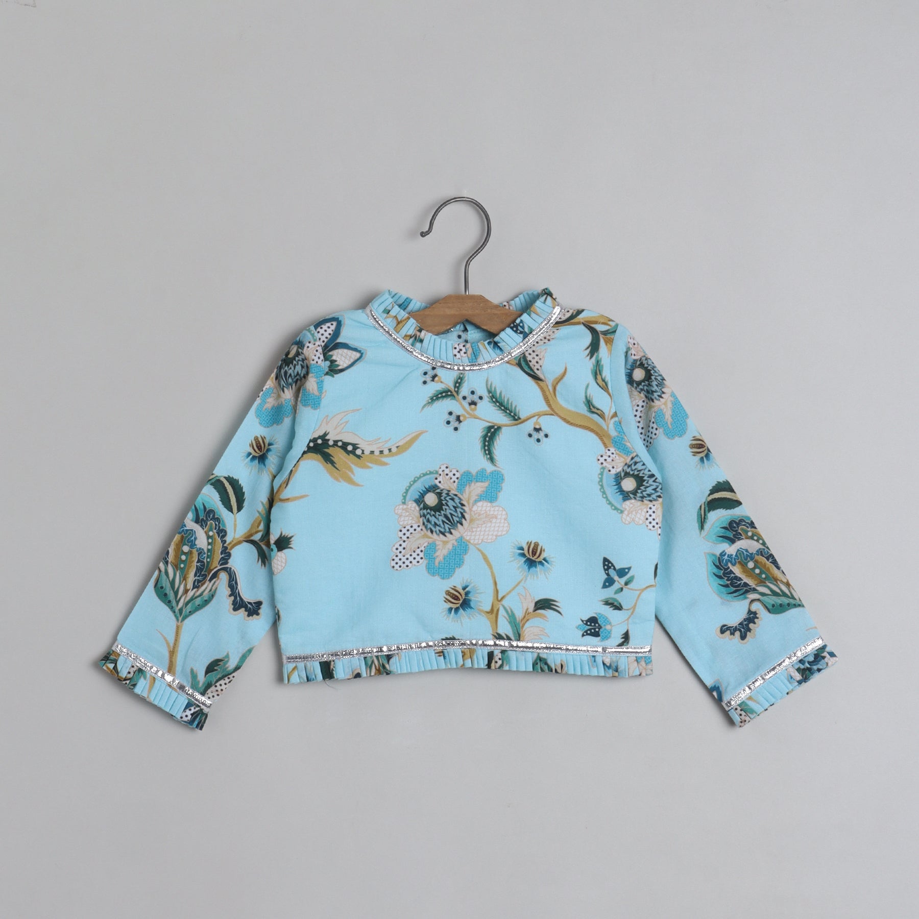 Floral Printed And Pleated Frills Top With Lehenga - funlittleones.com