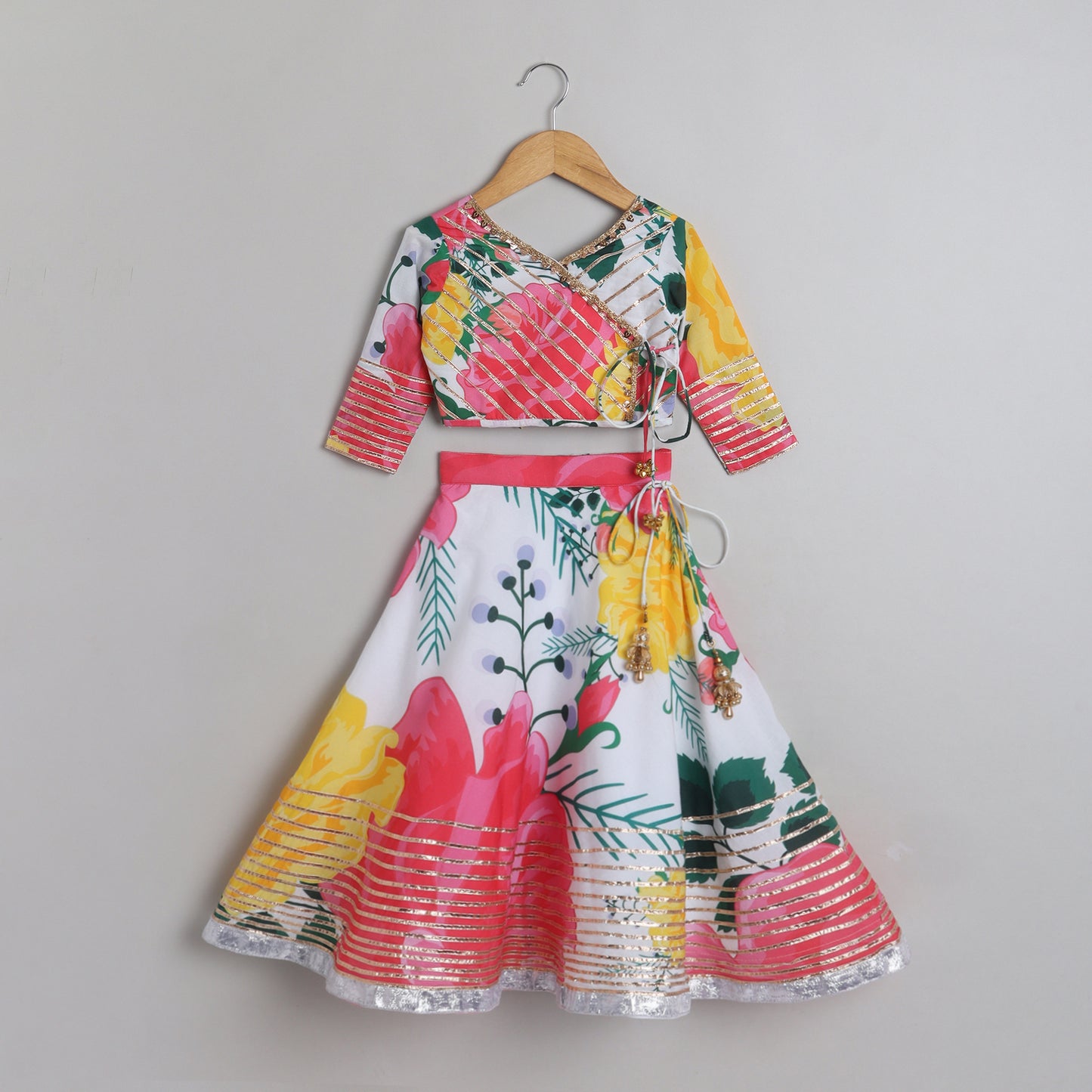 Tropical Floral Printed And Gota Lace Work Top With Lehenga - funlittleones.com