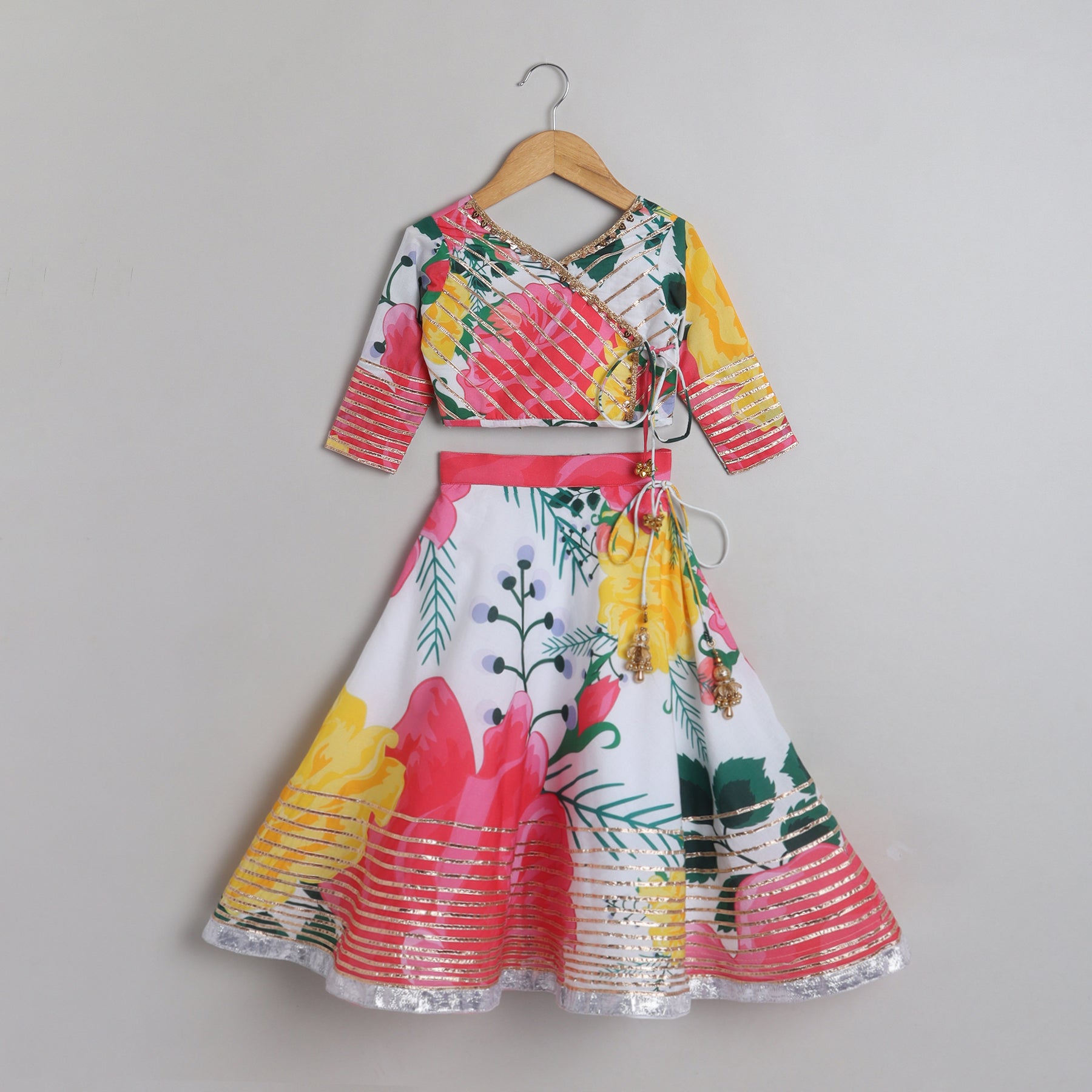 Tropical Floral Printed And Gota Lace Work Top With Lehenga - funlittleones.com