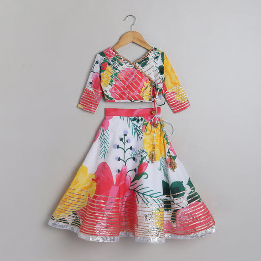 Tropical Floral Printed And Gota Lace Work Top With Lehenga - funlittleones.com