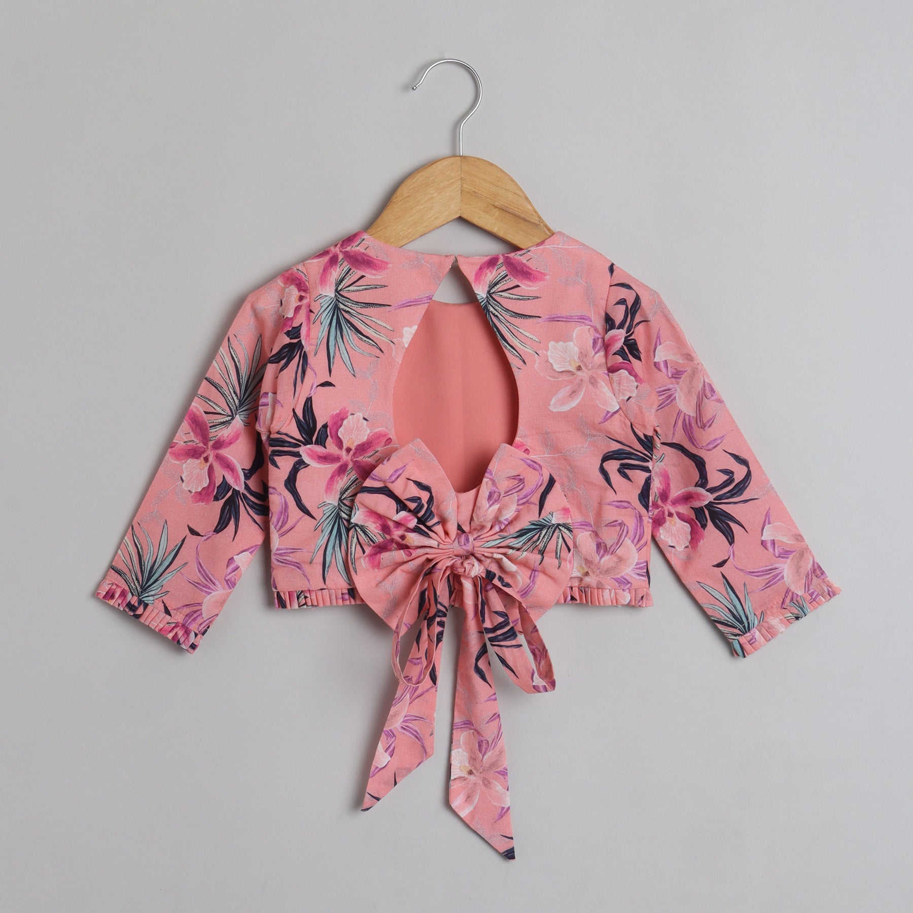 Floral Printed And Pleated Frills Peach Top With Lehenga - funlittleones.com