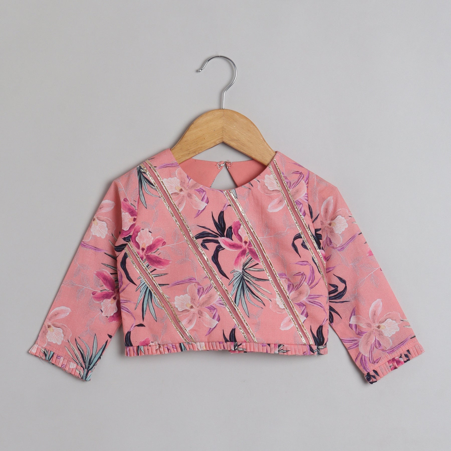 Floral Printed And Pleated Frills Peach Top With Lehenga - funlittleones.com