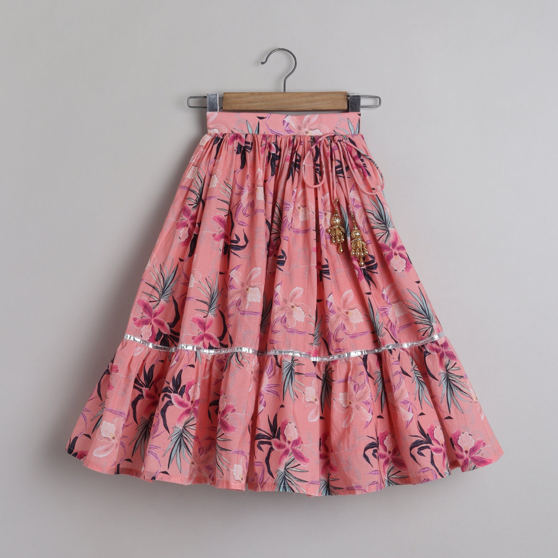 Floral Printed And Pleated Frills Peach Top With Lehenga - funlittleones.com