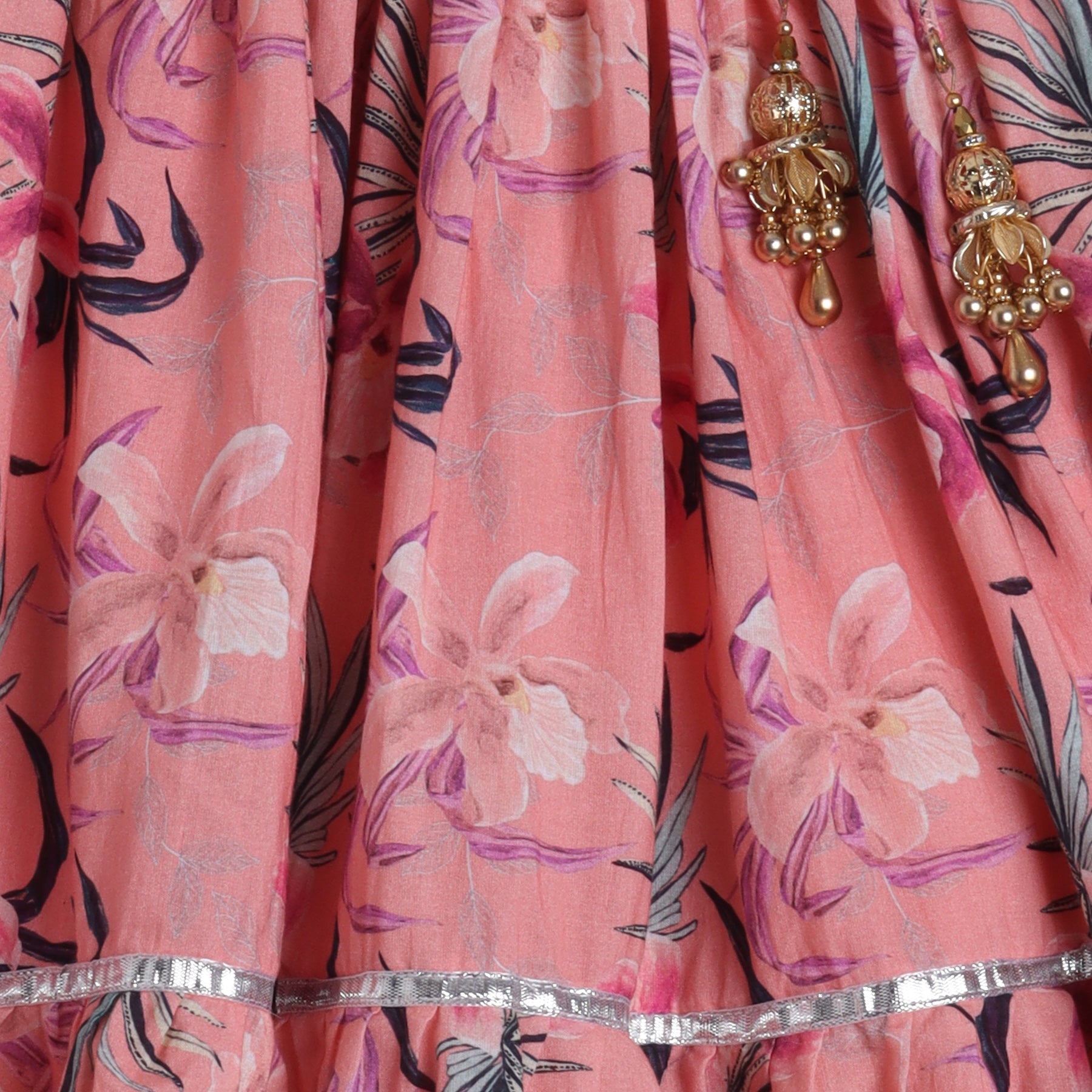 Floral Printed And Pleated Frills Peach Top With Lehenga - funlittleones.com