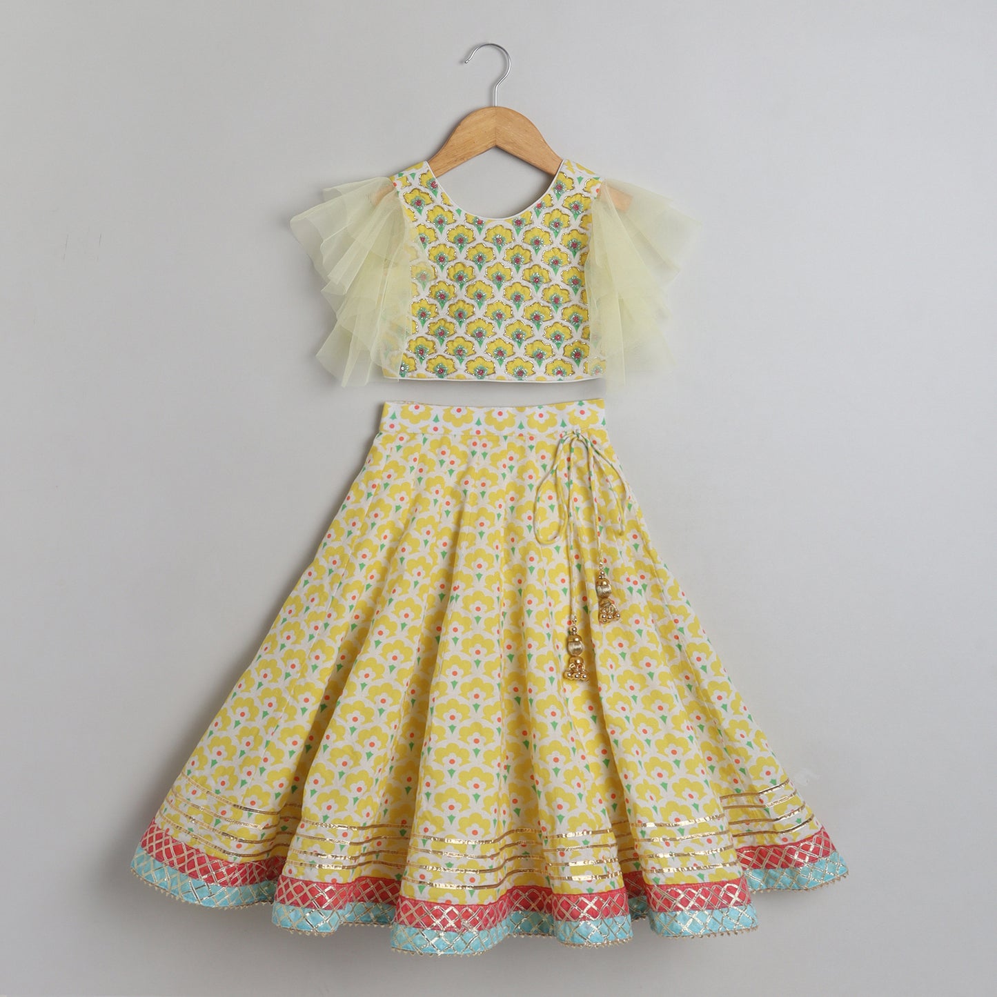 Yellow Cutdana And Sequin Work Top With Gota Lace Work Lehenga - funlittleones.com