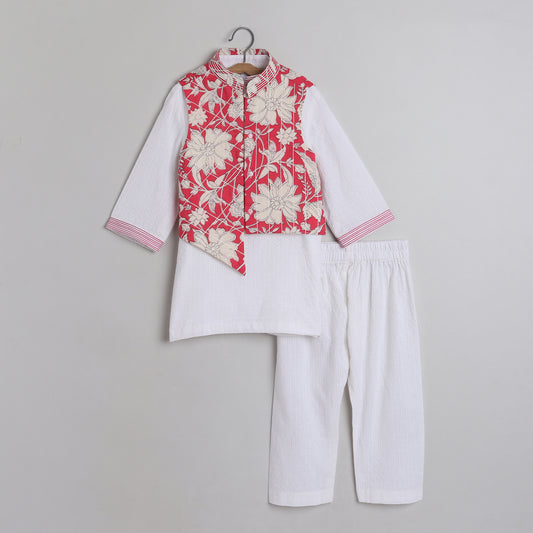 Ethnic Floral Printed Asymmetric Pink Jacket With Kurta And Pyjama - funlittleones.com