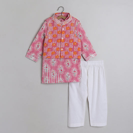 Thread Detailing Floral Printed Jacket With Pink Kurta And Pajama - funlittleones.com