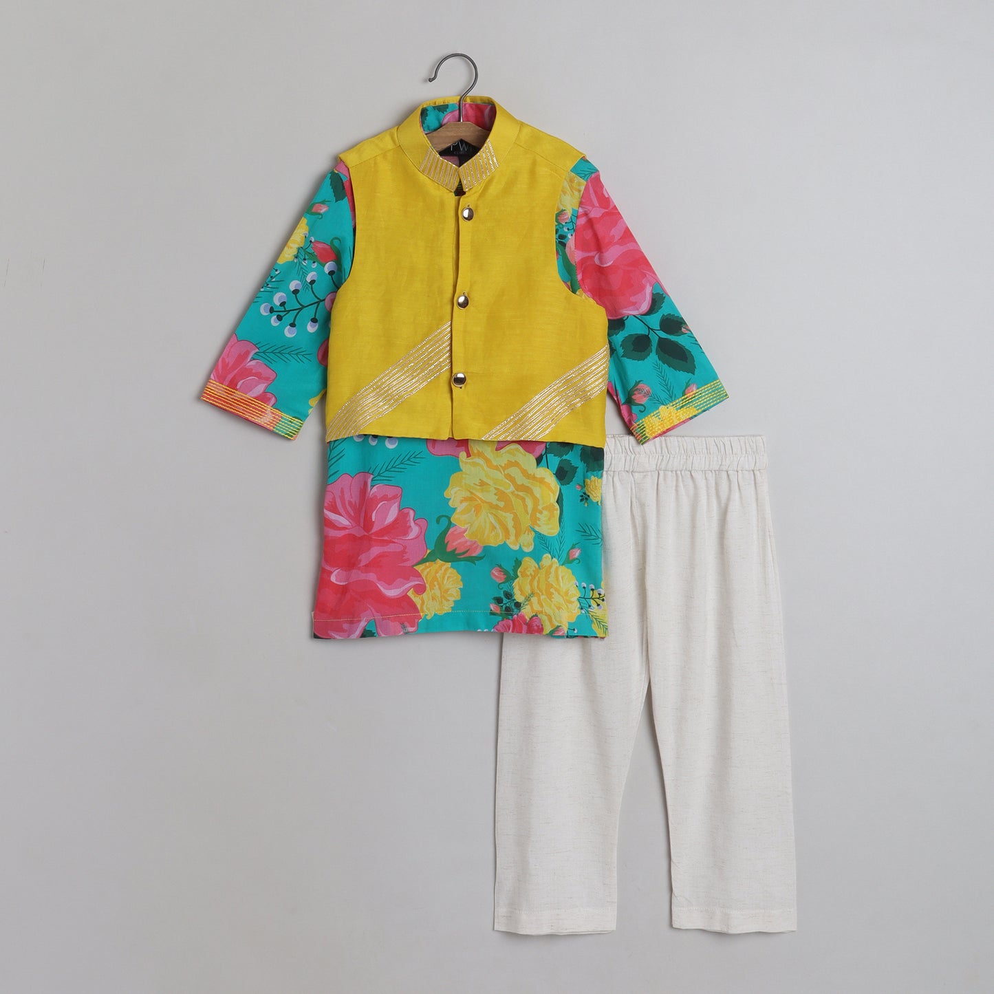 Gota Lace Work Jacket With Multicolour Floral Kurta And Pyjama - funlittleones.com