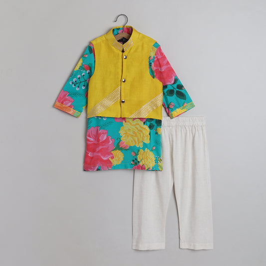 Gota Lace Work Jacket With Multicolour Floral Kurta And Pyjama - funlittleones.com