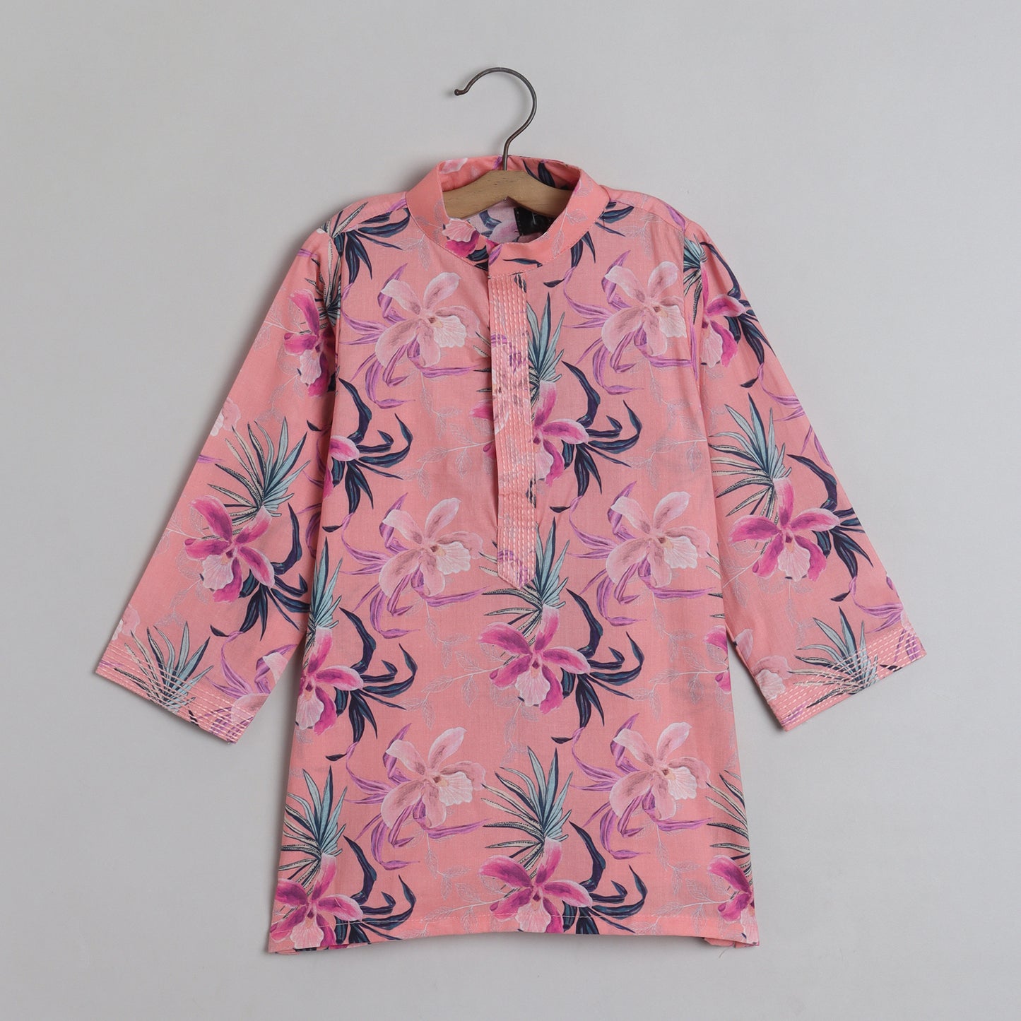 Peach Floral Printed Quilted Jacket With Thread Work Kurta And Pyjama - funlittleones.com