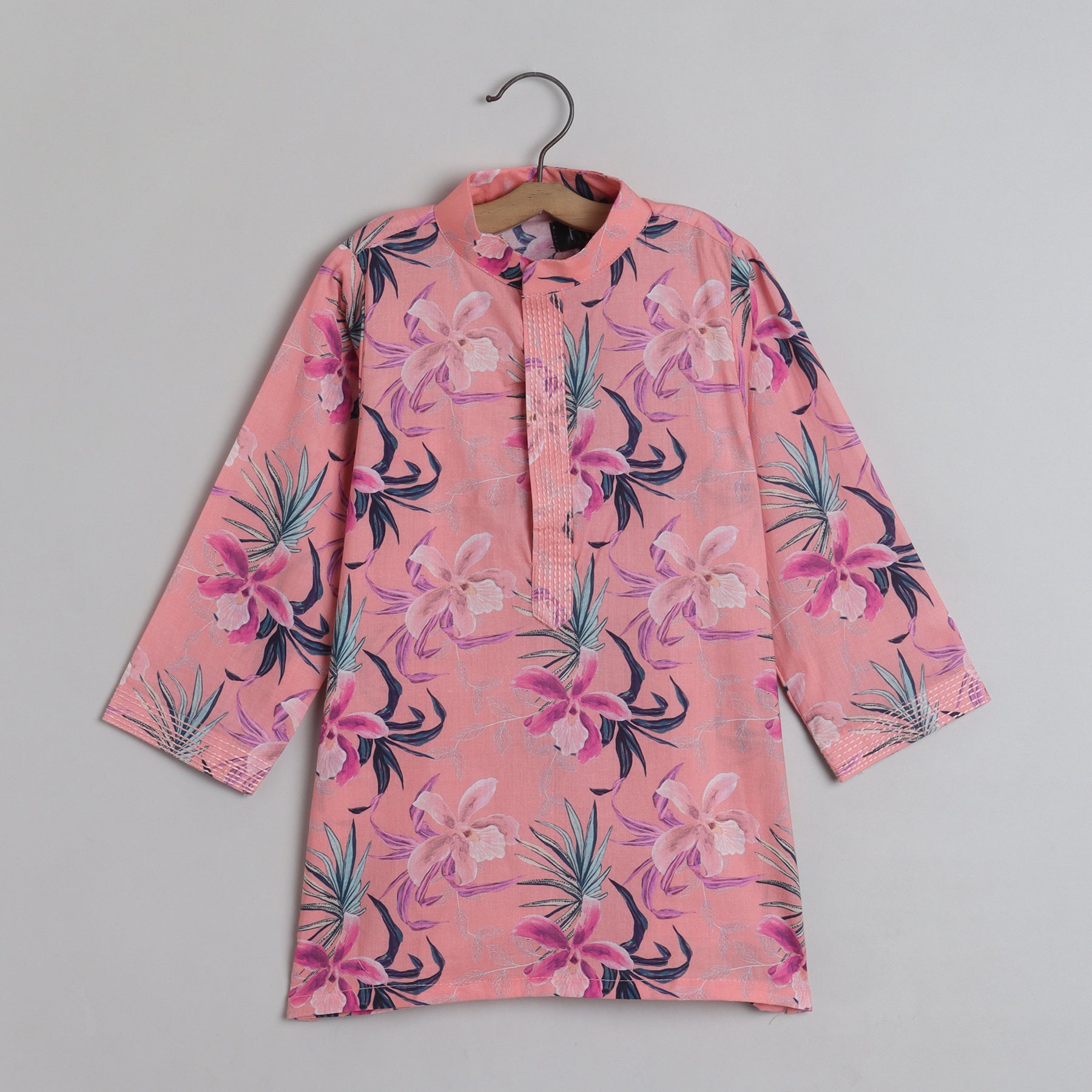 Peach Floral Printed Quilted Jacket With Thread Work Kurta And Pyjama - funlittleones.com