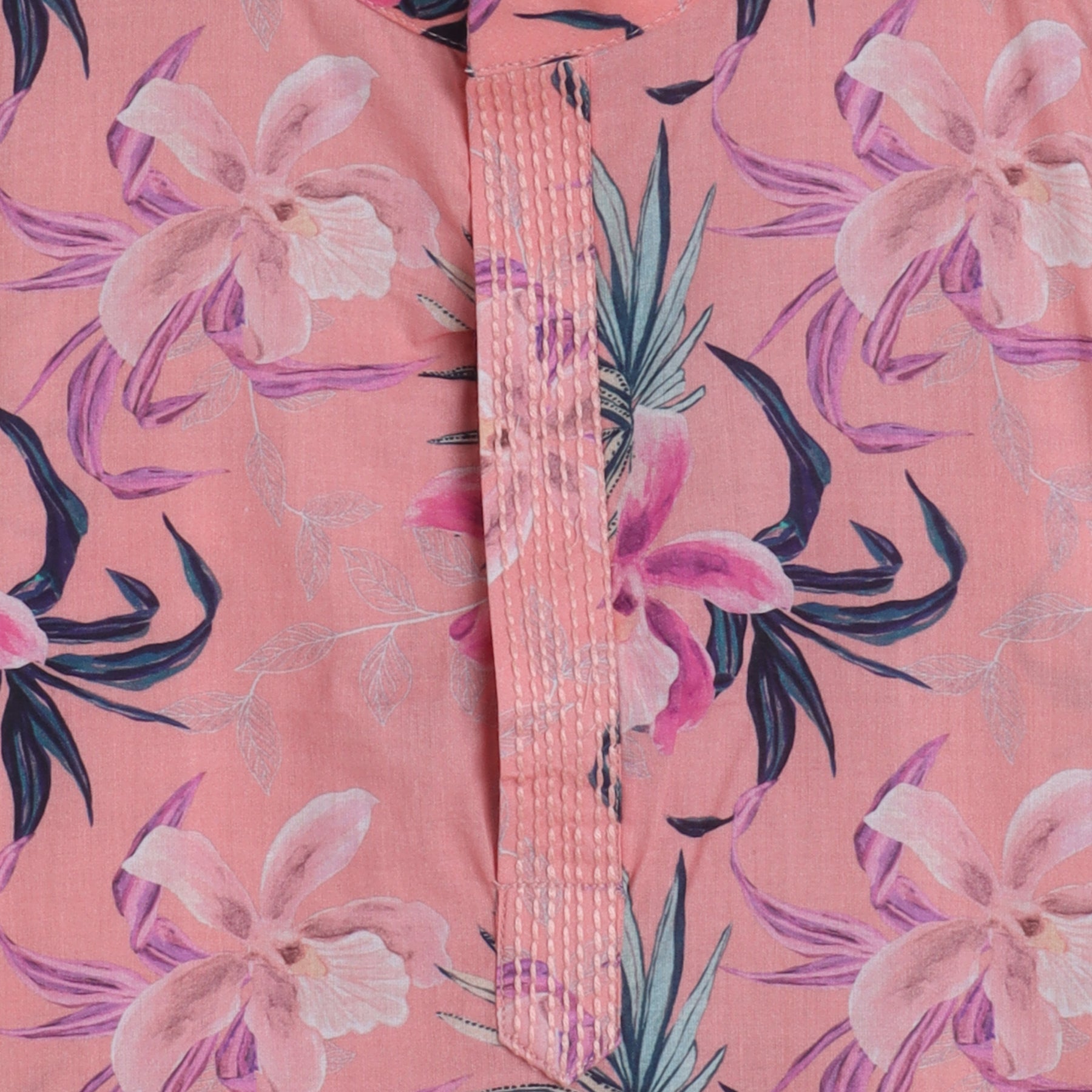 Peach Floral Printed Quilted Jacket With Thread Work Kurta And Pyjama - funlittleones.com