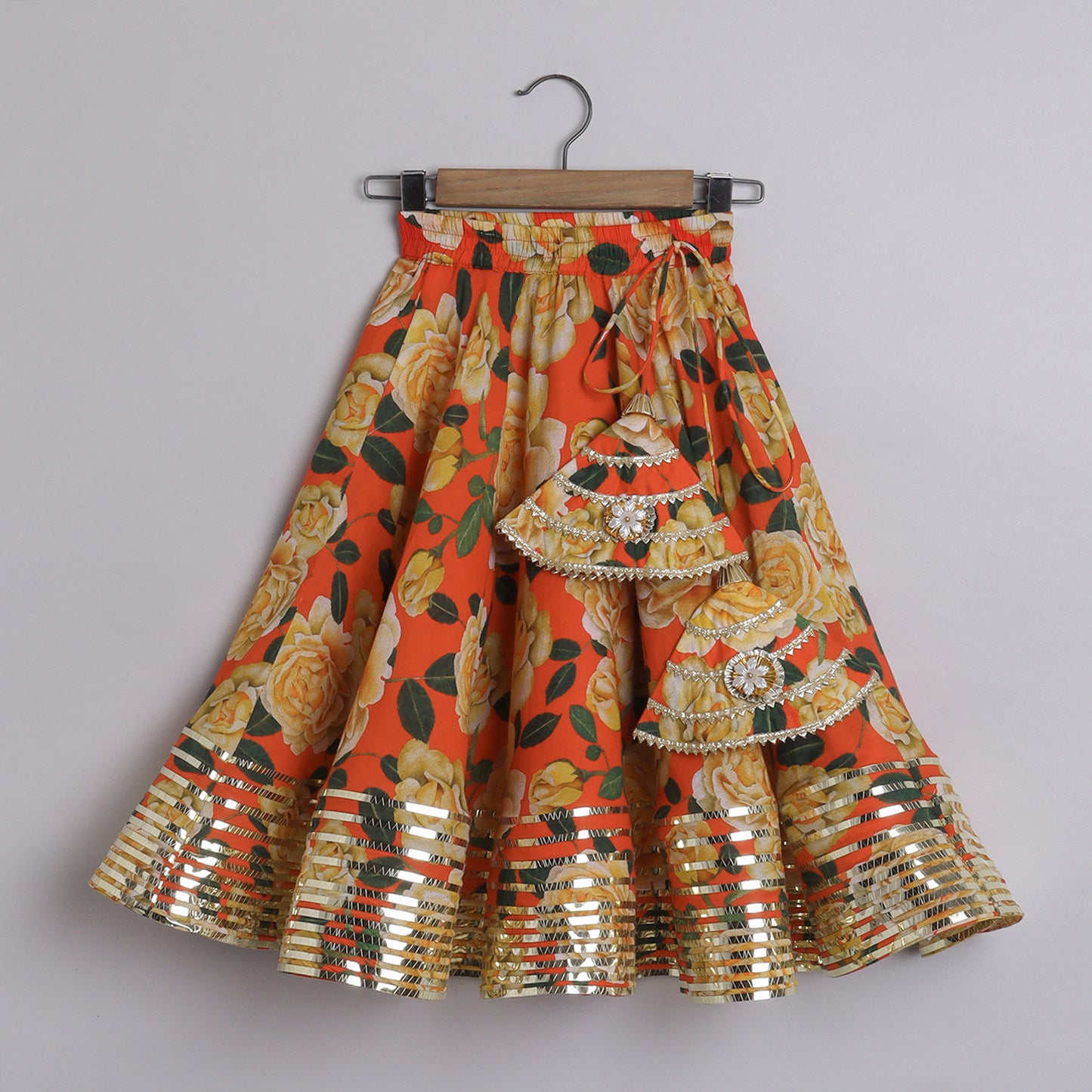 Metallic Lace Detailed Sleeveless Beige Top And Floral Printed Orange Lehenga - funlittleones.com