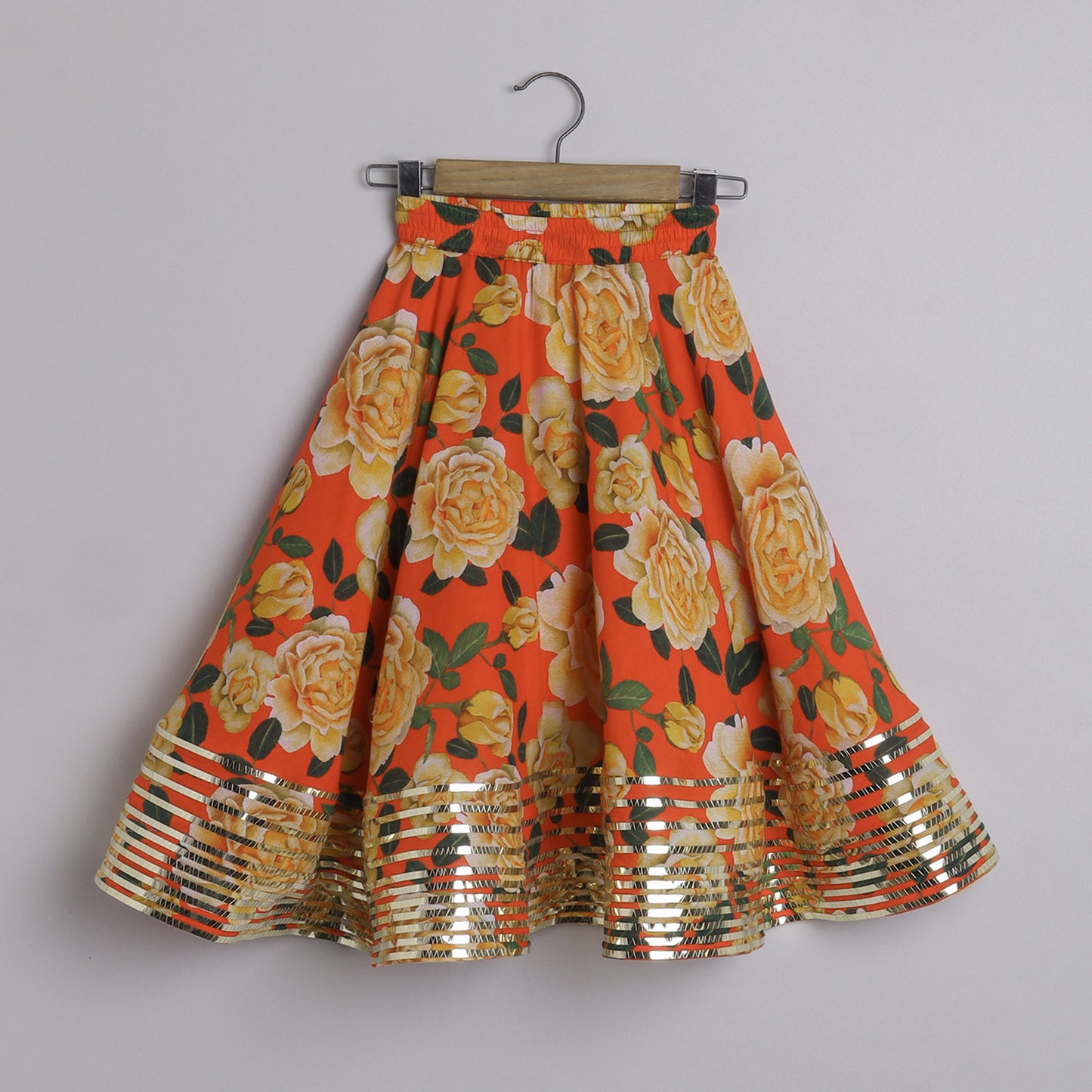 Metallic Lace Detailed Sleeveless Beige Top And Floral Printed Orange Lehenga - funlittleones.com