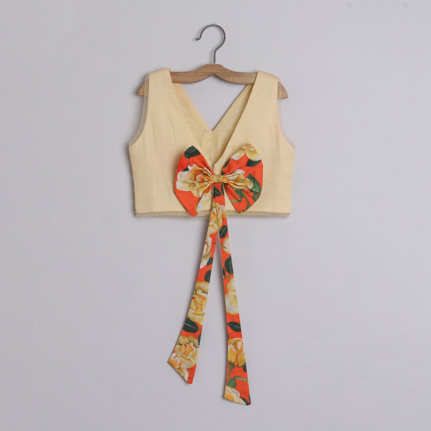 Metallic Lace Detailed Sleeveless Beige Top And Floral Printed Orange Lehenga - funlittleones.com