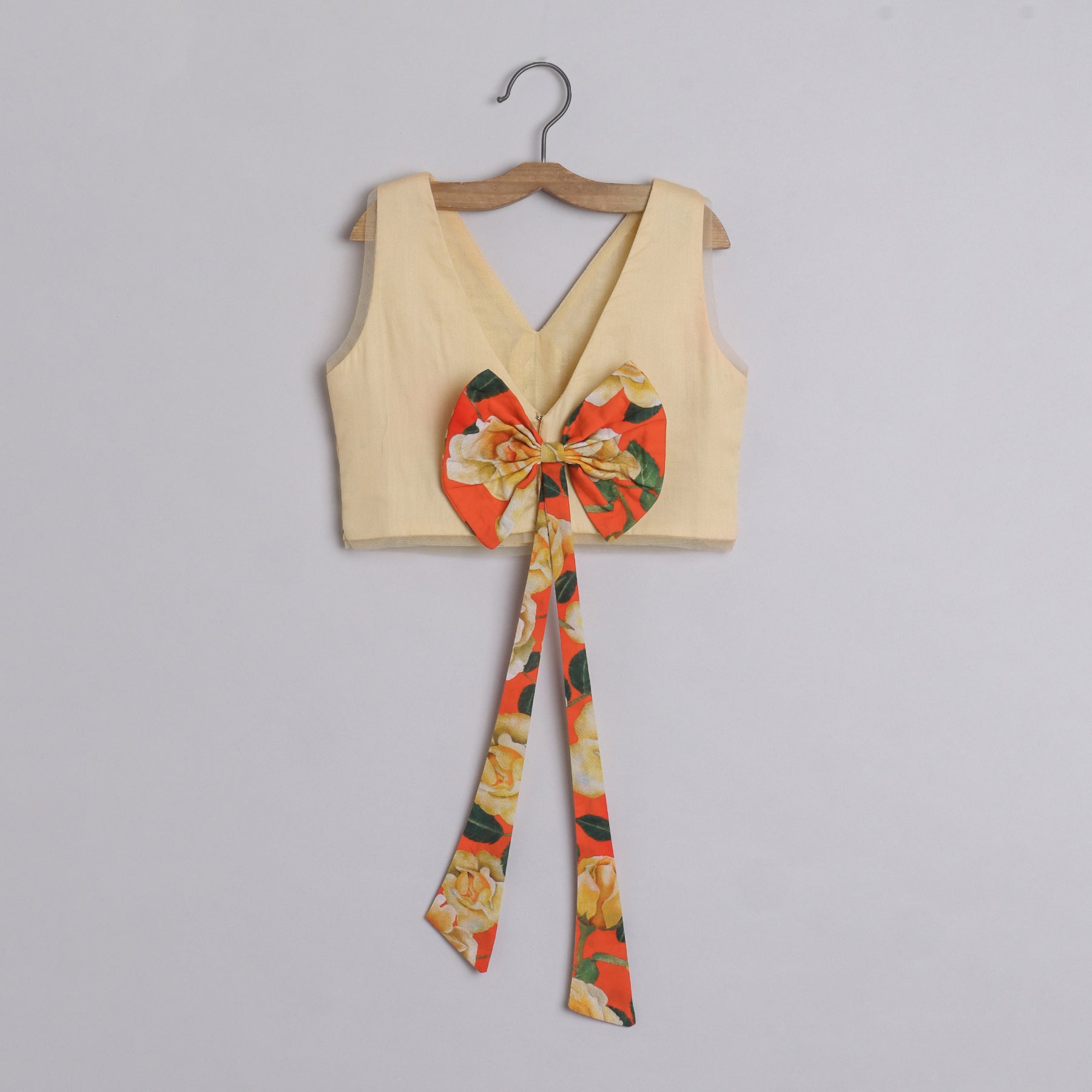 Metallic Lace Detailed Sleeveless Beige Top And Floral Printed Orange Lehenga - funlittleones.com